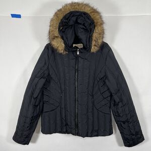 Michael Kors Full Zip Down Puffer Jacket Coat Womens Large Black Faux Fur Hooded